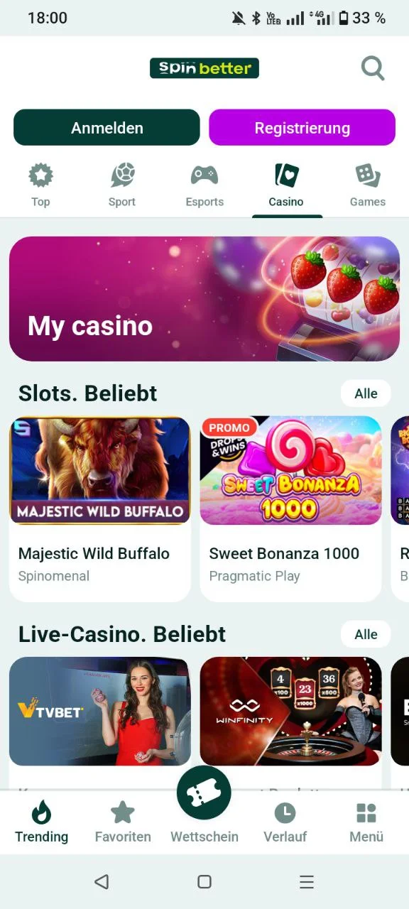 SpinBetter Casino in der mobilen App