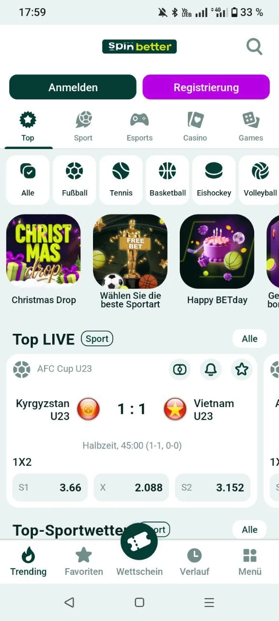 SpinBetter App Startbildschirm auf Android