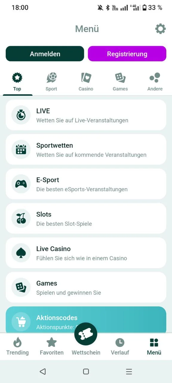 SpinBetter App Hauptmenü mit allen Kategorien