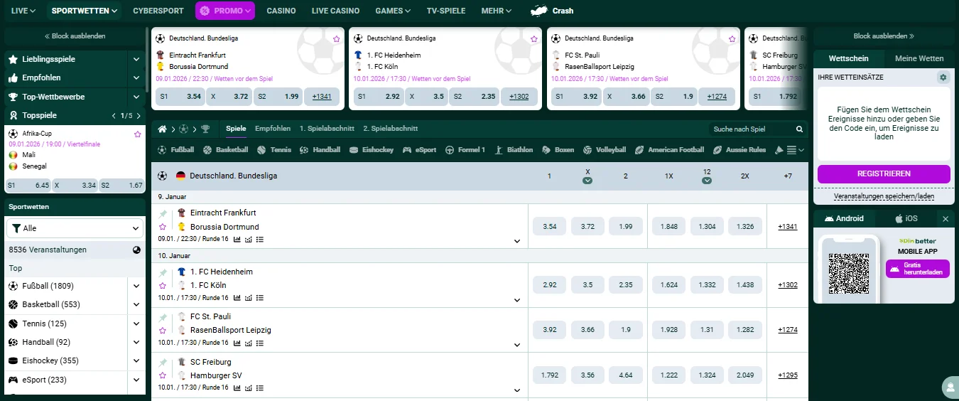 SpinBetter Sportwetten Interface mit Bundesliga-Quoten