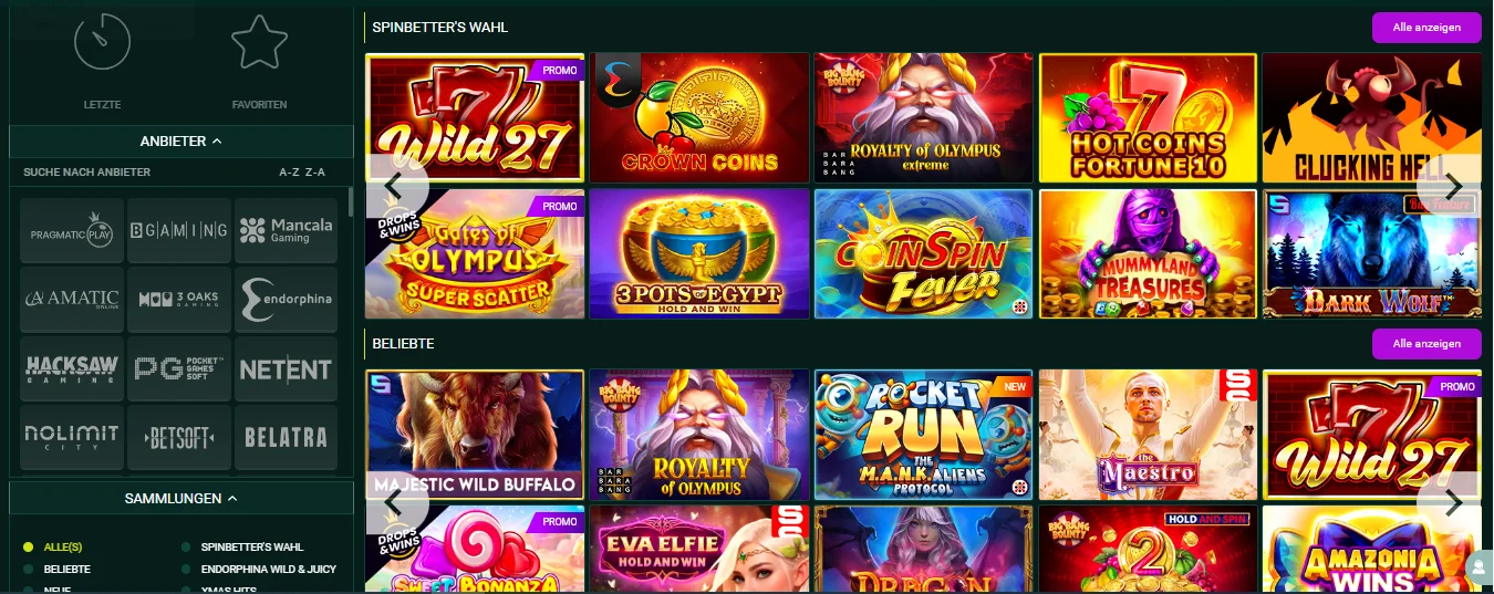 SpinBetter Casino-Spielbibliothek mit Slots und Live Dealern