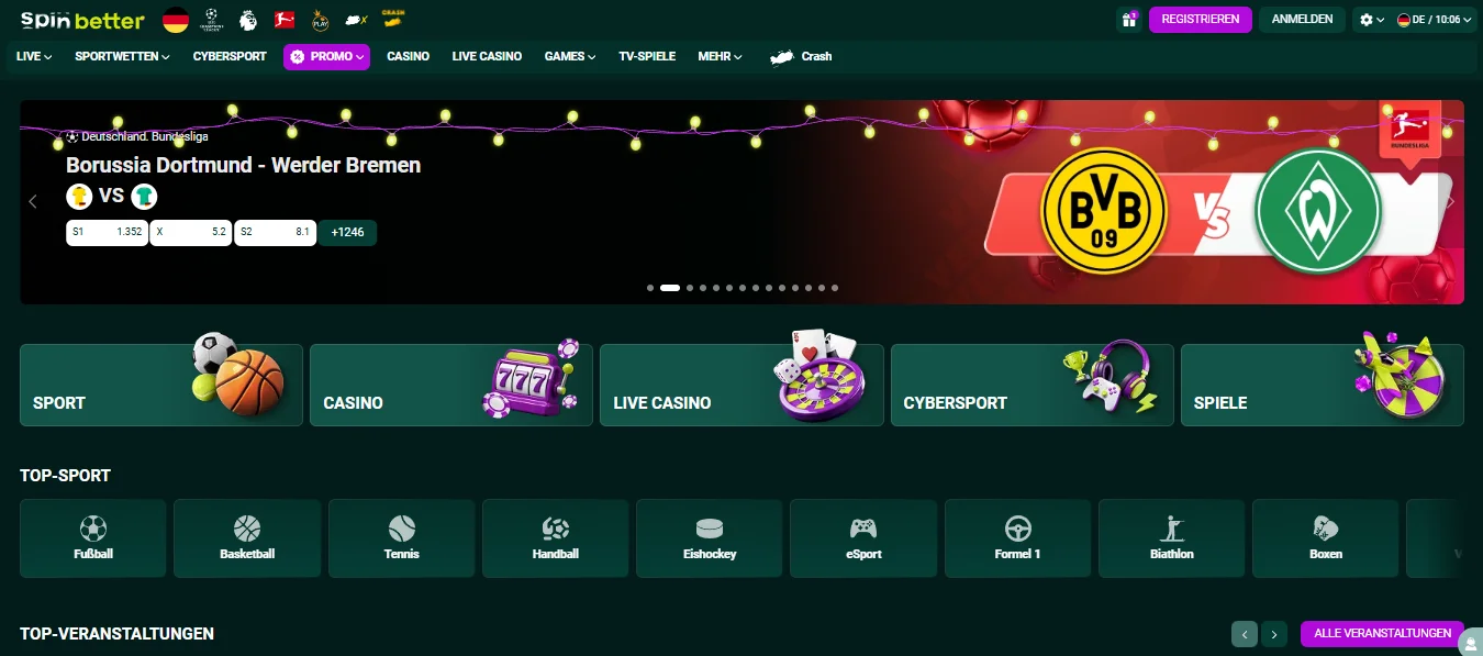 SpinBetter Casino Startseite auf dem Desktop