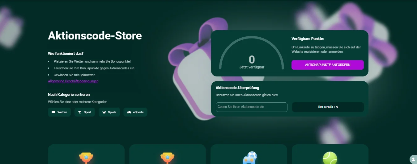 SpinBetter Aktionscode-Store mit Kategorien