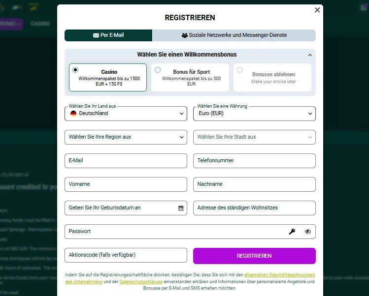 SpinBetter Registrierungsformular mit Bonusauswahl