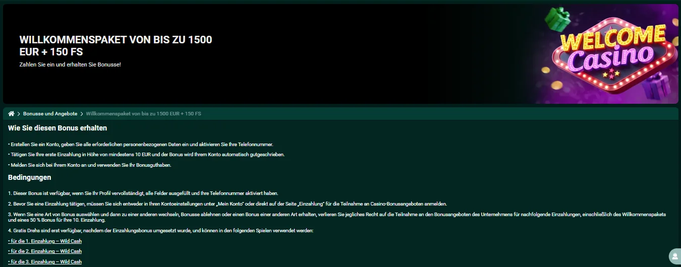 SpinBetter Willkommensbonus bis 1500 EUR plus 150 Freispiele